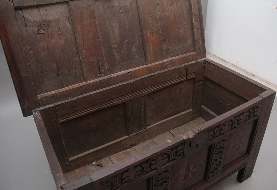 Antique 18th Century carved and inlaid oak coffer