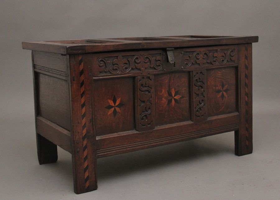 Antique 18th Century carved and inlaid oak coffer