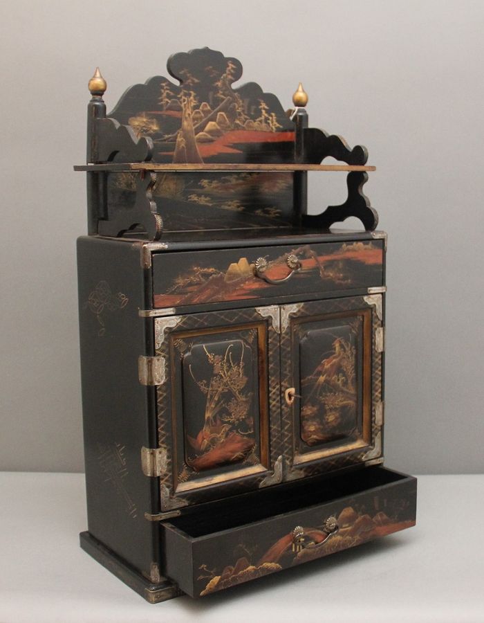 Antique 19th Century black lacquered and painted table cabinet