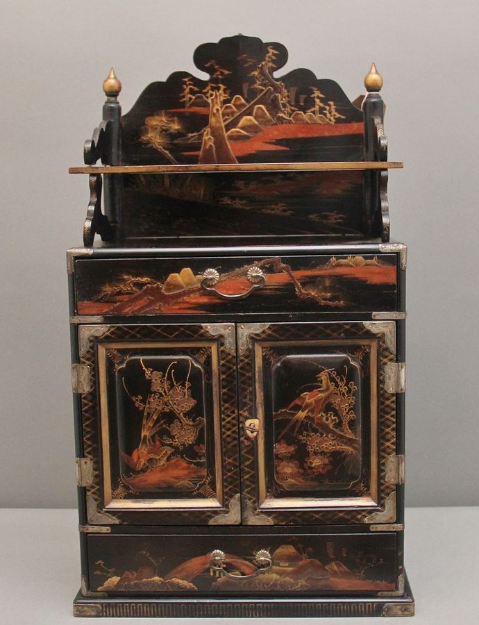 Antique 19th Century black lacquered and painted table cabinet