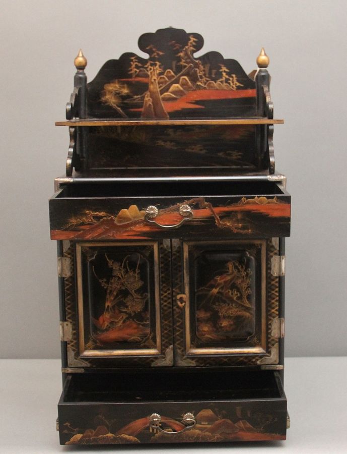 Antique 19th Century black lacquered and painted table cabinet