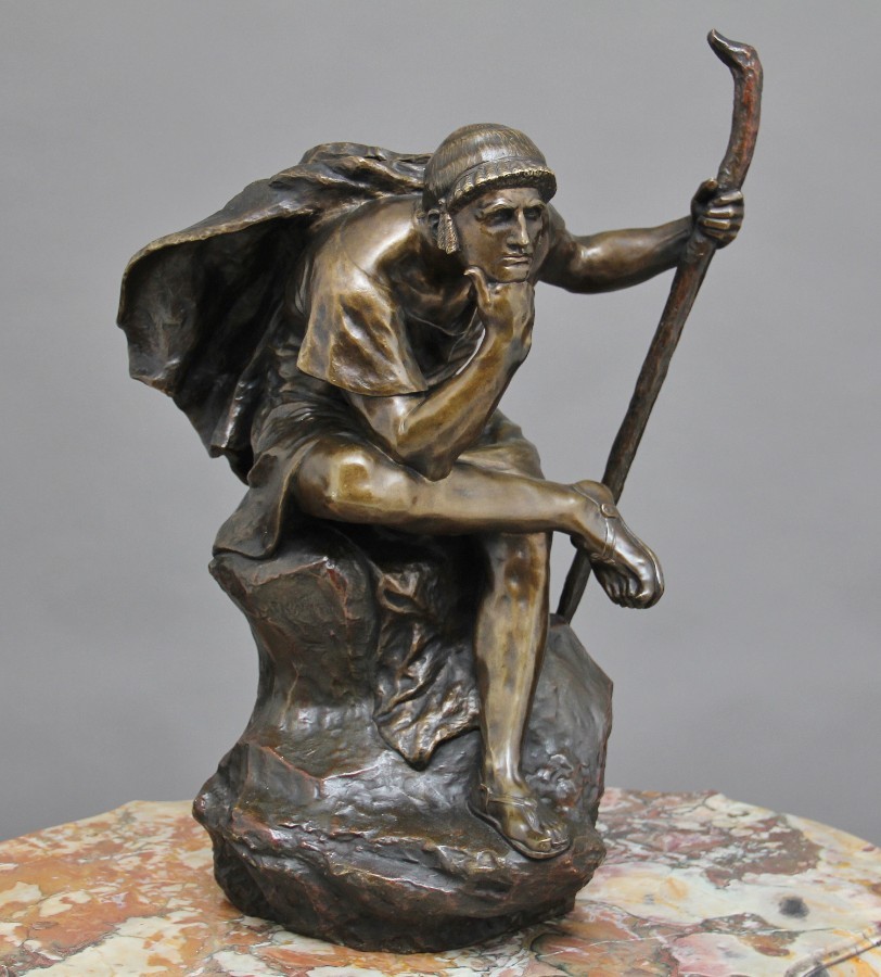 Antique Large 19th Century bronze of Oedipus meditating 