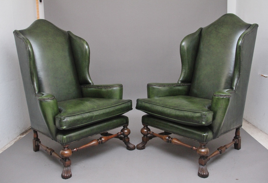 Antique Large pair of early 20th Century walnut wingback armchairs