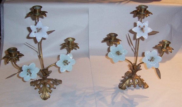 SOLD. Pair Gilt Metal Lily Candelabra