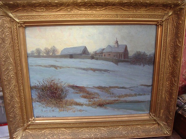 French Impressionist 'Morning light after snowfall with a church' Chet Sauar oil