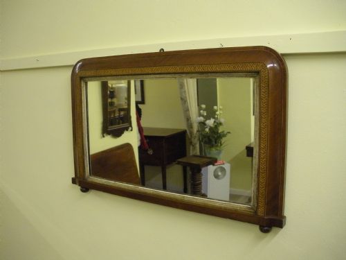 Antique 19th century walnut inlaid over mantel mirror 