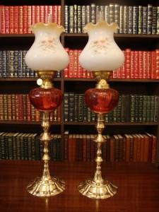 PAIR 2 TALL VICTORIAN CRANBERRY BRASS TABLE OIL LAMPS