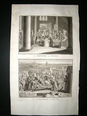 Russia 1730s Russian Baptism & Funeral. Folio Antique Print. Picart