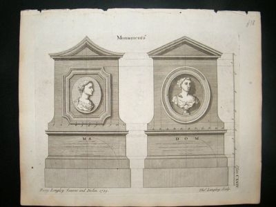 Architectural Print Antique Monument designs, 1741, Lan