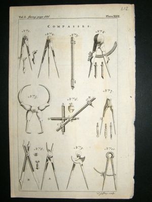 Science, Mathematics:1755 Compasses, Antique Print.