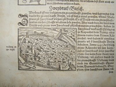 Munster C1570 Woodcut. Valdenz on the River Moselle, Germany