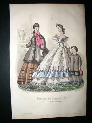 Fashion Print: 1864 Ladies & Child #2, Hand Coloured.