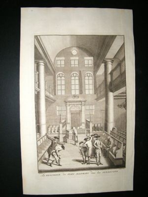 Judaica 1730s Punishment in Synagogue. Folio Antique Print. Picart