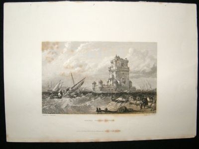 Portugal: 1834 Steel Engraving, Belem Castle, Lisbon Pr