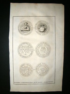 Religious 1730s Monies & Medals, Anabaptists. Folio Antique Print. Picart