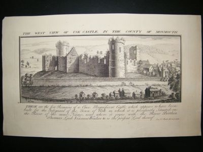 Buck: 1732 Folio Architecture print, West View of Usk Castle, Monmouth, Wales