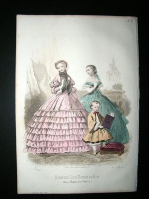 Fashion Print: 1860 Ladies & Child #3, Hand Coloured.