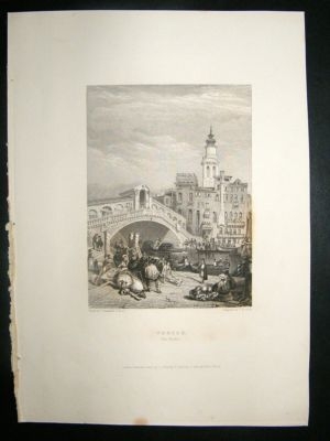 Italy: 1834 Steel Engraving, Venice, Rialto Print