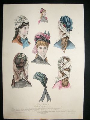 French Fashion Print: Headdresses/Bonnets, 1876 Folio,