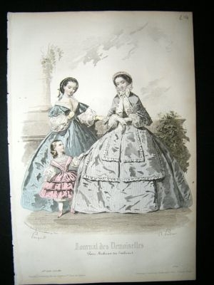 Fashion Print: 1860 Ladies & Child #6, Hand Coloured.