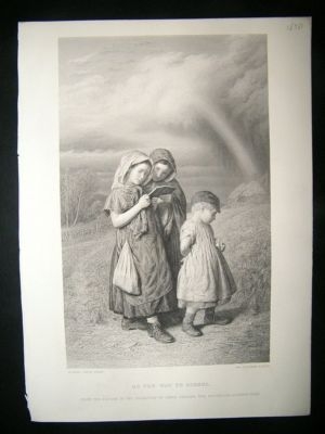 Children: 1870 'On The Way To School'.   Antique Print.