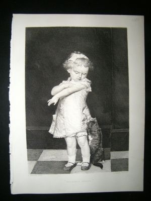 Children: 1880 'Naughty Pussy'.   Antique Print.