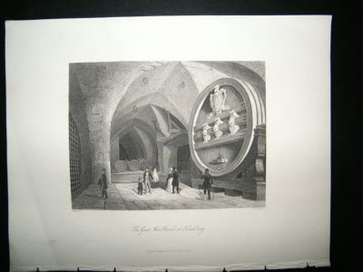 Germany: 1847 Steel Engraving, Great Wine Barrel, Heidelburg, Antique Print