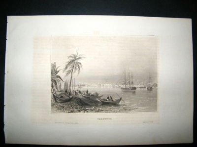 India:C1840 Steel Engraving,Calcutta, Ships Print.