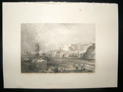 Malta: 1834 Steel Engraving, Valetta Harbour, ships, Pr