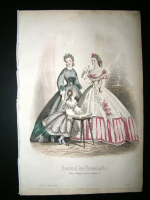 Fashion Print: 1864 Ladies & Child #1, Hand Coloured.
