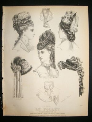 Fashion Print c1860 Headresses, Bonnets Le Follet #1049
