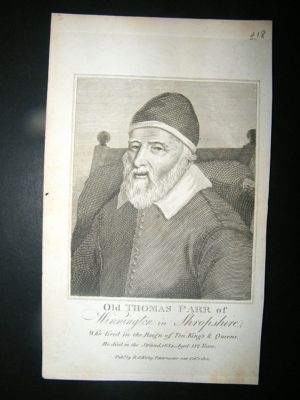 Thomas Parr, Died Age 152 Years: 1802 Portrait.