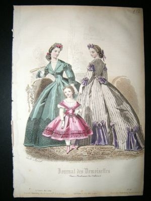 Fashion Print: 1864 Ladies & Child #3, Hand Coloured.