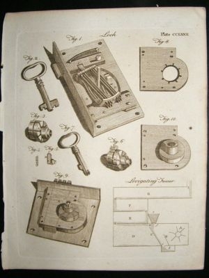 Science Print, 1795: Locks/Locksmithing, antique print
