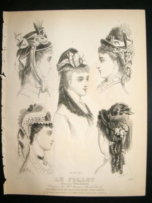 Fashion Print c1860 Headresses, Bonnets Le Follet