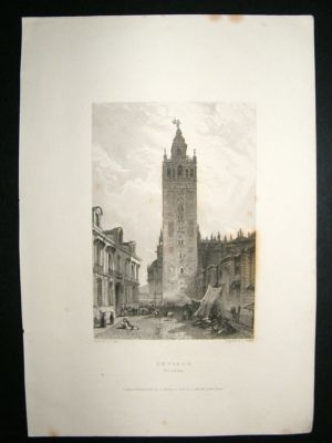 Spain: 1834 Steel Engraving, Seville, Giralda Print