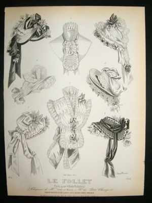 Fashion Print c1860 Headresses, Bonnets Le Follet #1098