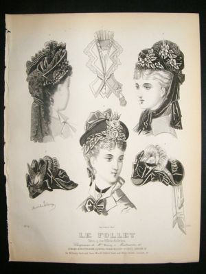 Fashion Print c1860 Headresses, Bonnets Le Follet.