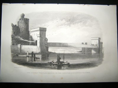 UK Wales:1860 Steel Engraving,Conway Bridge.