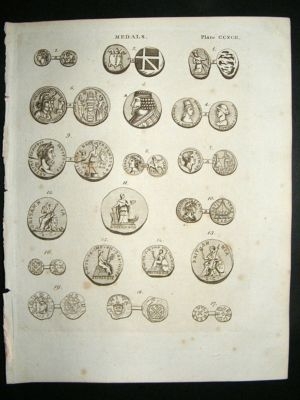 Decorative print, 1795: Antique medals, 2 prints