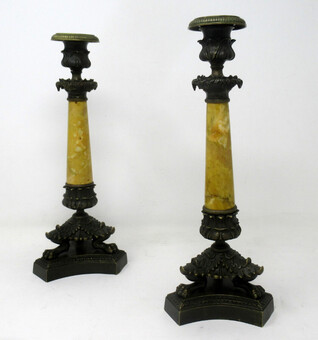 Antique Antique Pair of French Sienna Marble Grand Tour Bronze Candelabra Candlesticks