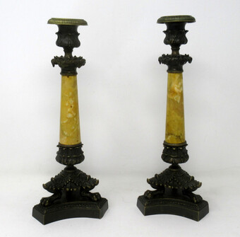 Antique Antique Pair of French Sienna Marble Grand Tour Bronze Candelabra Candlesticks