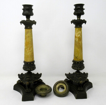 Antique Antique Pair of French Sienna Marble Grand Tour Bronze Candelabra Candlesticks