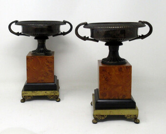 Antique Pair of Grand Tour Bronze Burl Walnut Tazzas Urns Vases, 20th Century