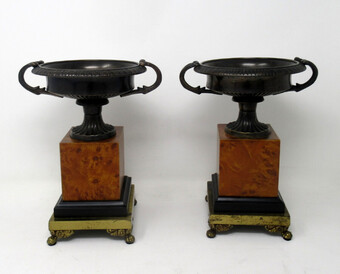 Antique Antique Pair of Grand Tour Bronze Burl Walnut Tazzas Urns Vases, 20th Century