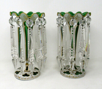 Antique Antique Crystal Bohemian Emerald Green Enamel Pair Lusters Lustres Candlesticks