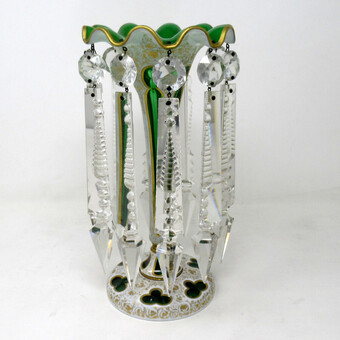 Antique Antique Crystal Bohemian Emerald Green Enamel Pair Lusters Lustres Candlesticks