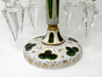 Antique Antique Crystal Bohemian Emerald Green Enamel Pair Lusters Lustres Candlesticks