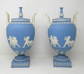 Antique Antique Pair of Blue Wedgwood Jasperware Ceramic Urns Vases John Flaxman Cherubs