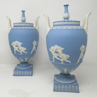 Antique Antique Pair of Blue Wedgwood Jasperware Ceramic Urns Vases John Flaxman Cherubs